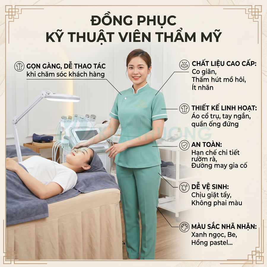 Đồng phục kỹ thuật viên thẩm mỹ màu xanh ngọc, thiết kế áo cổ trụ tay ngắn và quần ống đứng trong spa