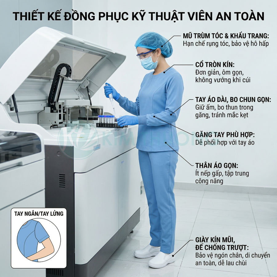 Đồng phục kỹ thuật viên phòng thí nghiệm màu xanh, mang khẩu trang, găng tay, giày kín mũi làm việc với máy xét nghiệm