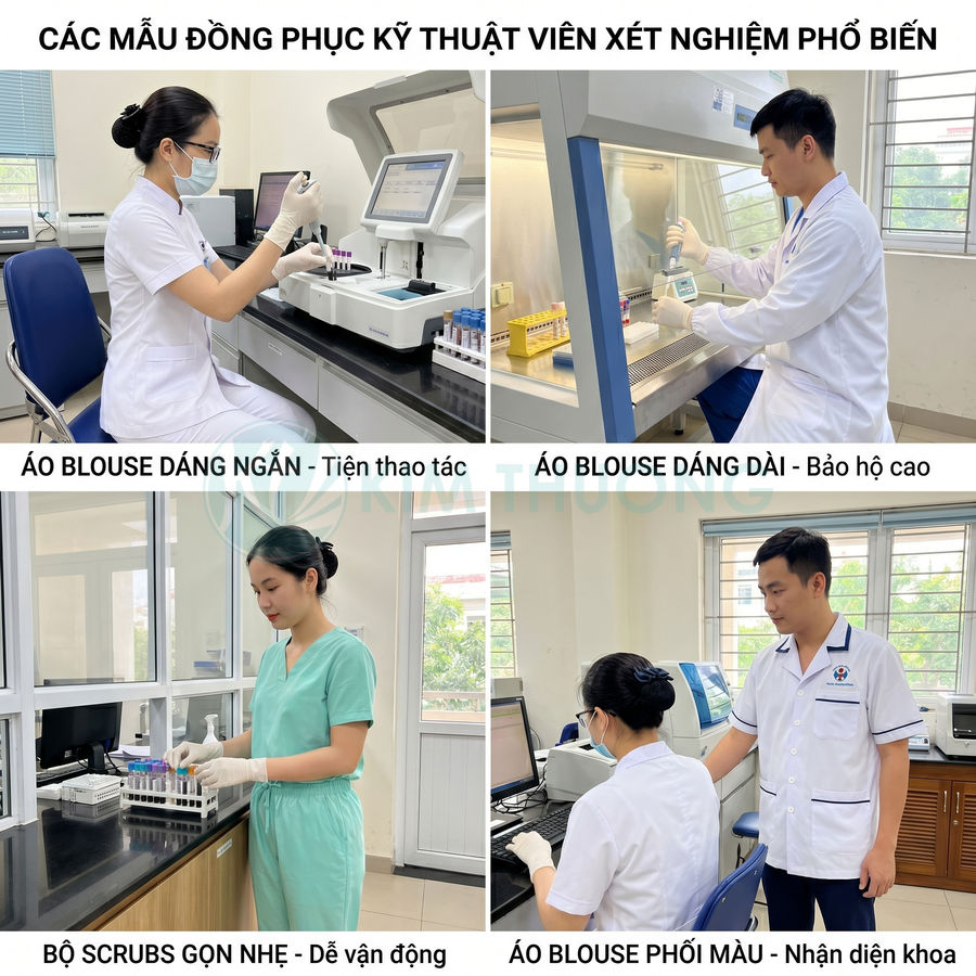 Các mẫu đồng phục kỹ thuật viên xét nghiệm gồm áo blouse ngắn dài, scrubs xanh và áo blouse phối màu trong phòng lab