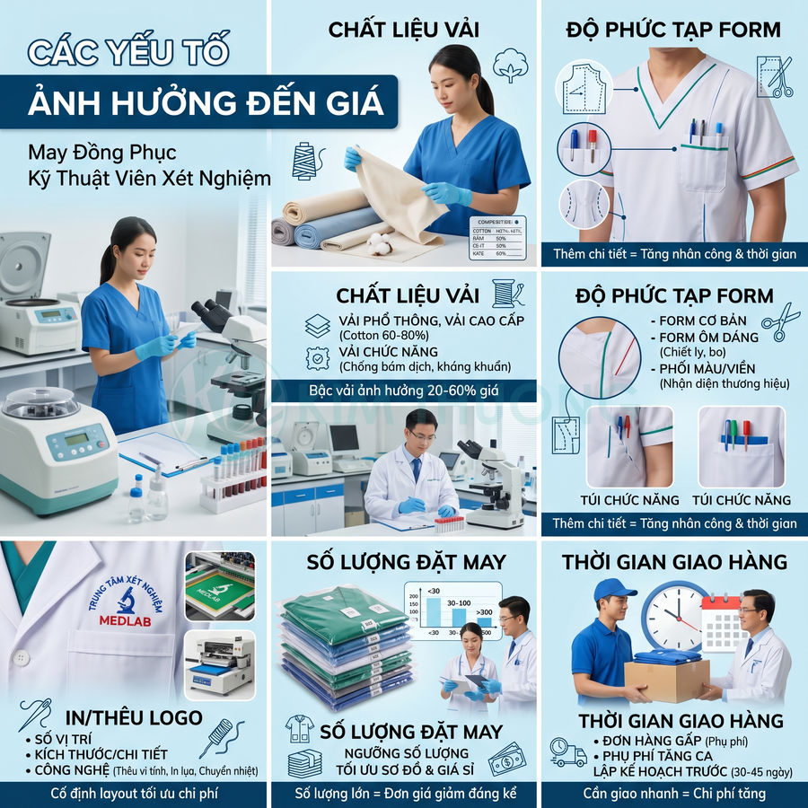 Các yếu tố ảnh hưởng giá may đồng phục kỹ thuật viên xét nghiệm và hình ảnh mẫu áo blouse, scrub y tế
