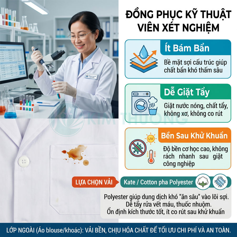 Đồng phục kỹ thuật viên xét nghiệm màu trắng, chất liệu kate cotton pha polyester ít bám bẩn dễ giặt tẩy