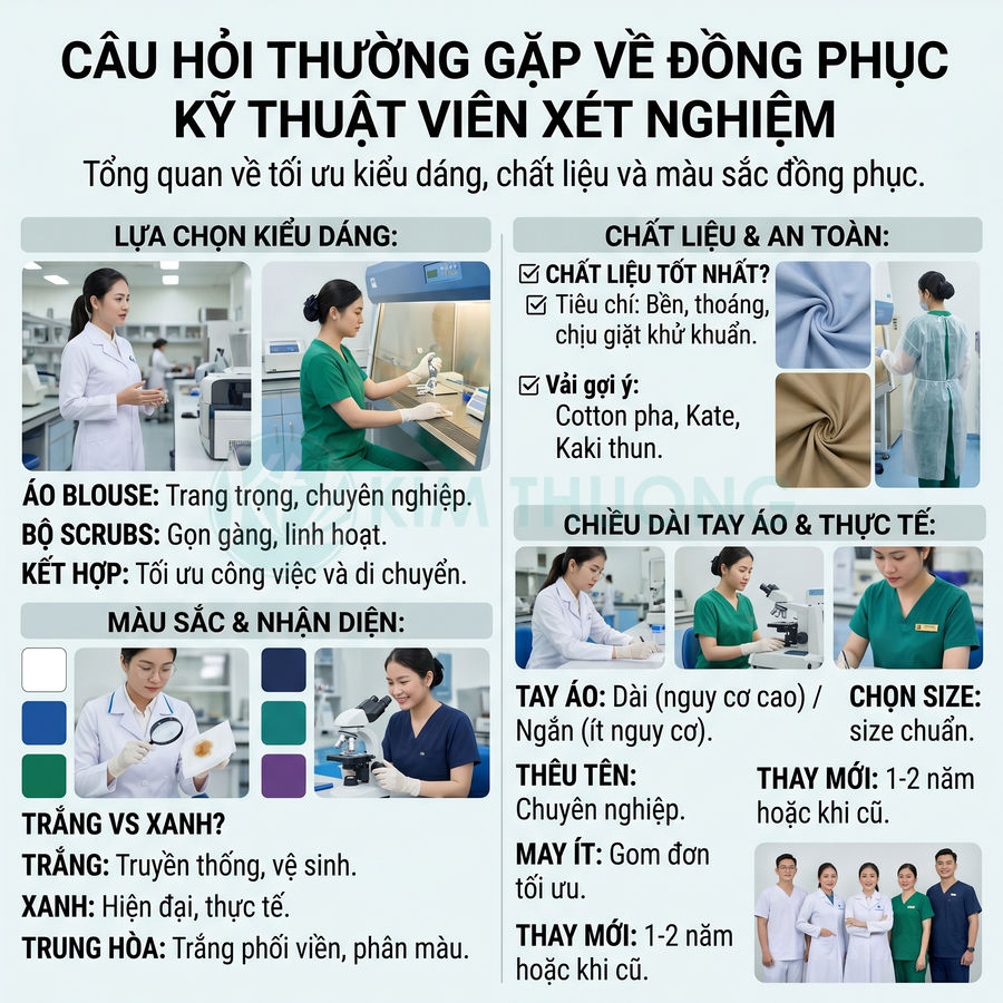 Infographic hướng dẫn chọn đồng phục kỹ thuật viên xét nghiệm với kiểu dáng, màu sắc và chất liệu vải chuyên nghiệp