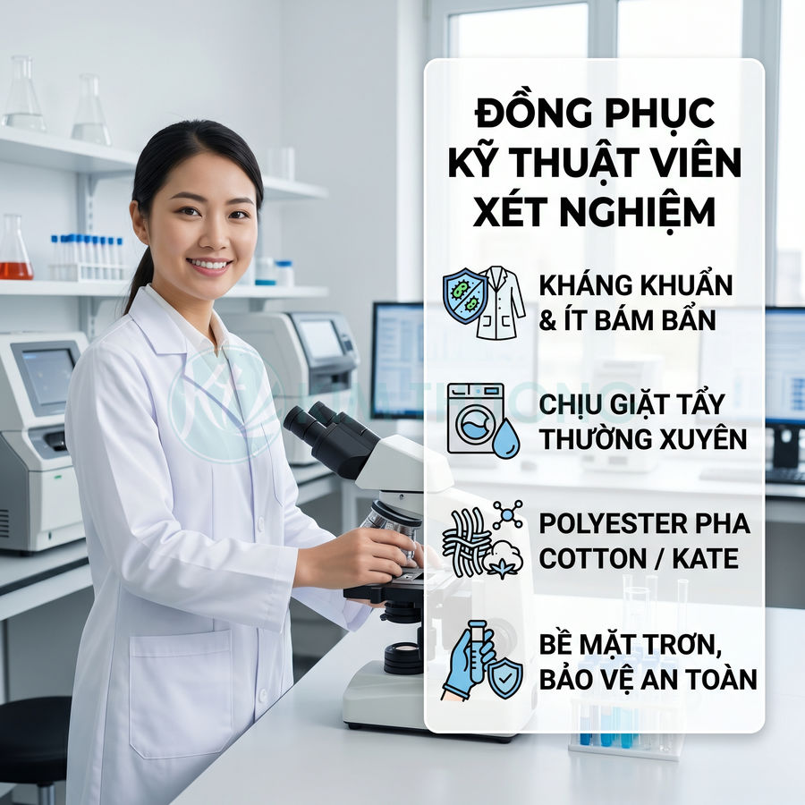Đồng phục kỹ thuật viên xét nghiệm màu trắng kháng khuẩn, ít bám bẩn, chịu giặt tẩy, chất liệu polyester pha cotton