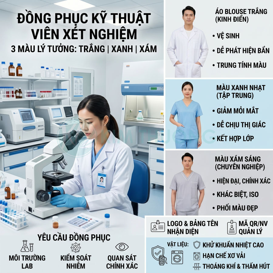 Đồng phục kỹ thuật viên xét nghiệm màu trắng xanh xám trong phòng lab hiện đại với áo blouse và scrub chuyên nghiệp