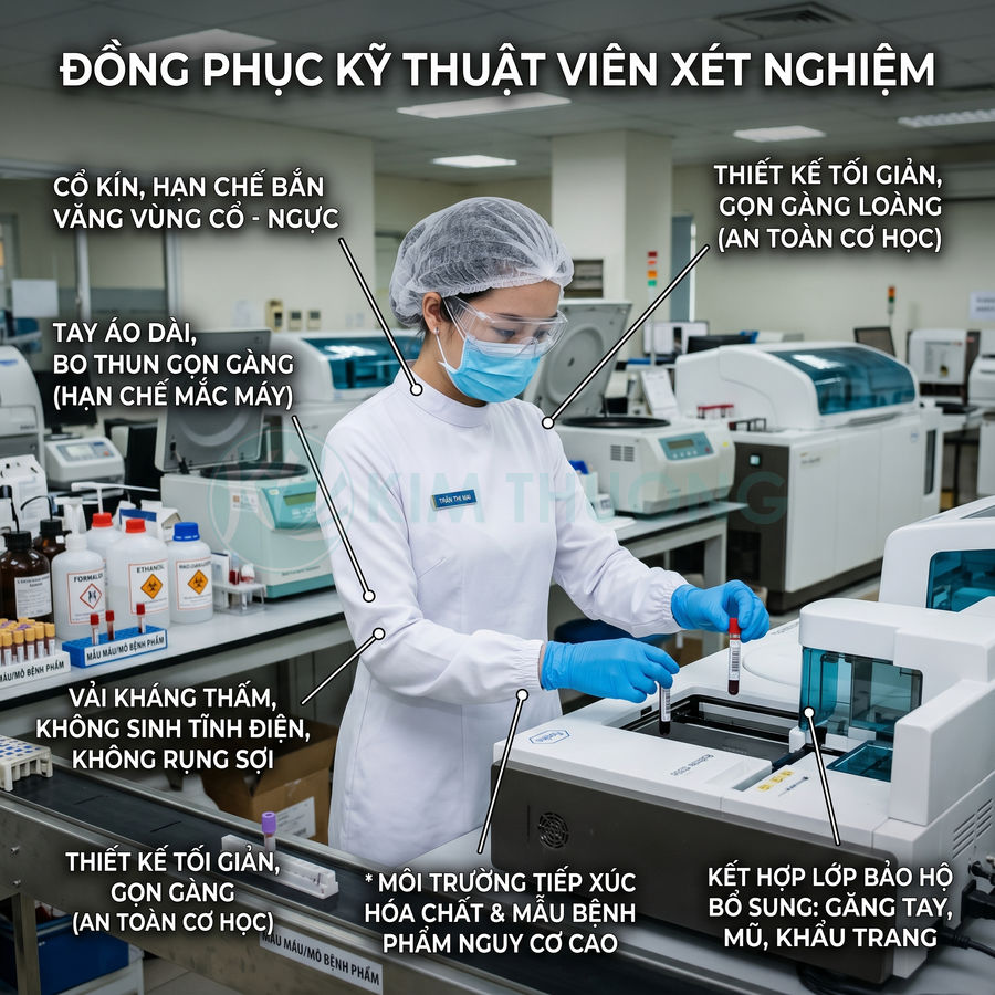 Kỹ thuật viên xét nghiệm mặc đồng phục bảo hộ trắng, găng tay, khẩu trang làm việc với máy xét nghiệm trong phòng lab