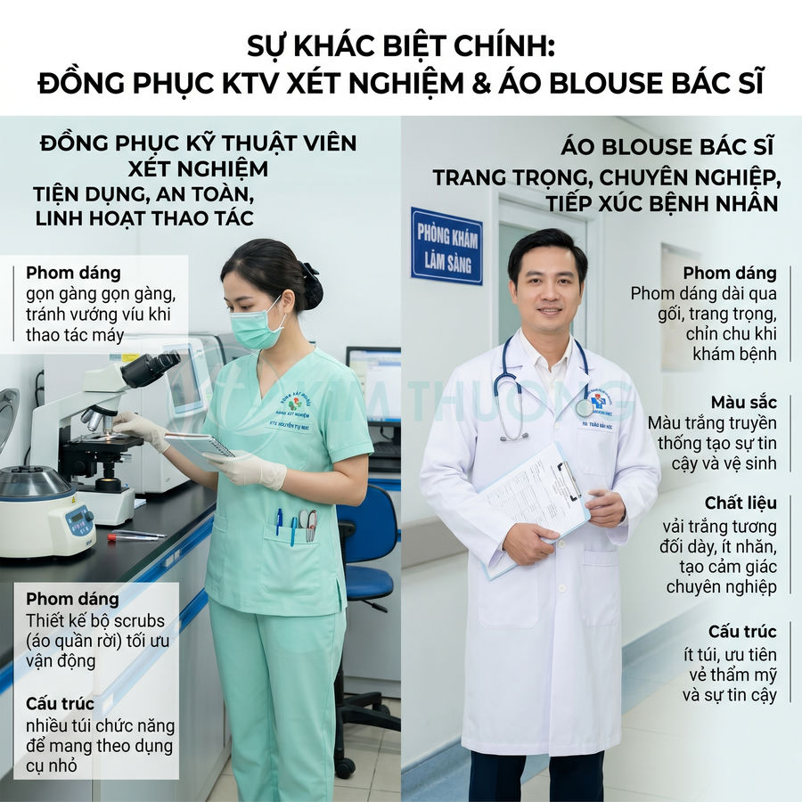 Đồng phục kỹ thuật viên xét nghiệm màu xanh và áo blouse bác sĩ màu trắng trong bệnh viện hiện đại