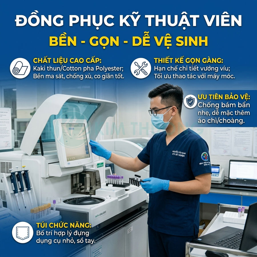 Đồng phục kỹ thuật viên y tế màu xanh đậm, chất liệu kaki cotton polyester, thiết kế gọn gàng dễ vệ sinh