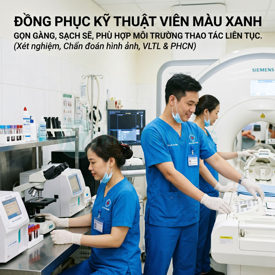 Đồng phục kỹ thuật viên y tế màu xanh cho nhân viên xét nghiệm và chẩn đoán hình ảnh trong bệnh viện