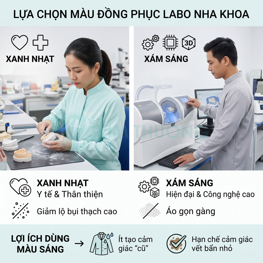 Đồng phục labo nha khoa màu xanh nhạt và xám sáng cho kỹ thuật viên làm việc với mẫu răng và máy móc hiện đại