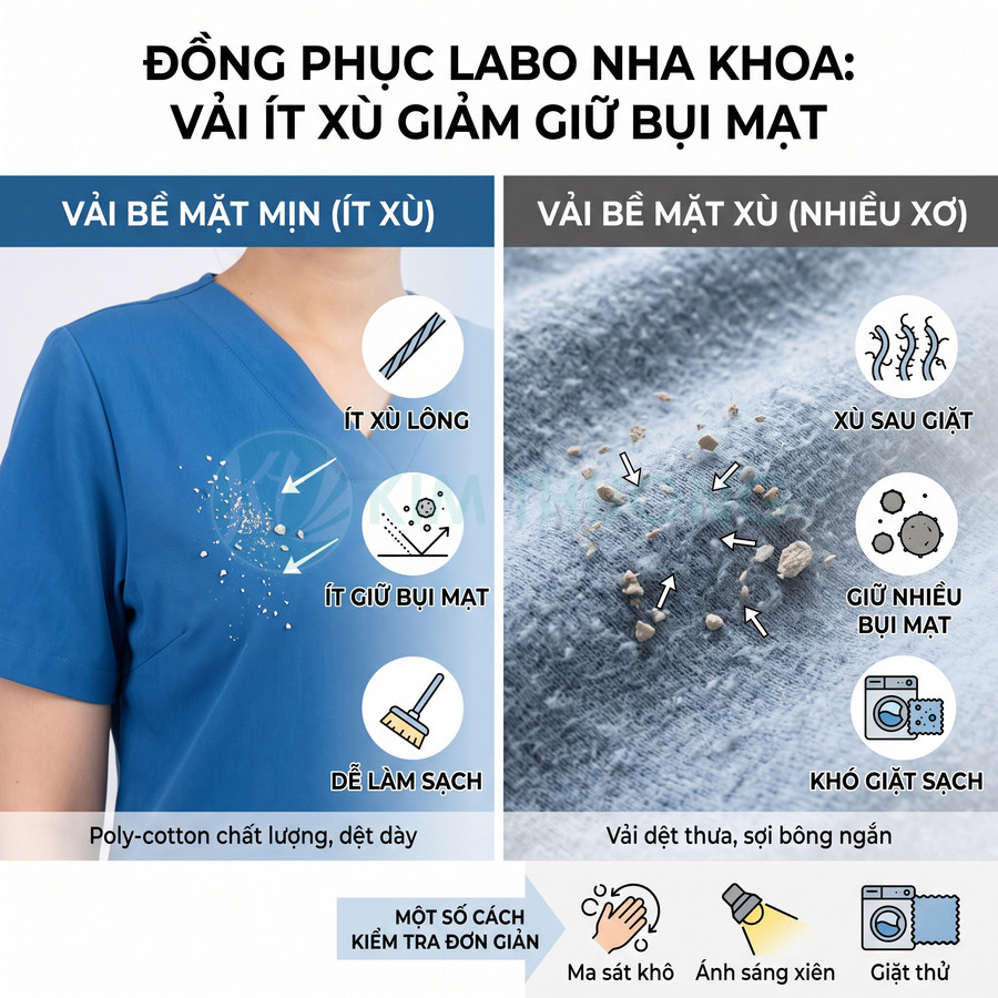 Đồng phục labo nha khoa vải poly cotton bề mặt mịn ít xù, ít bám bụi, dễ làm sạch so với vải nhiều xơ