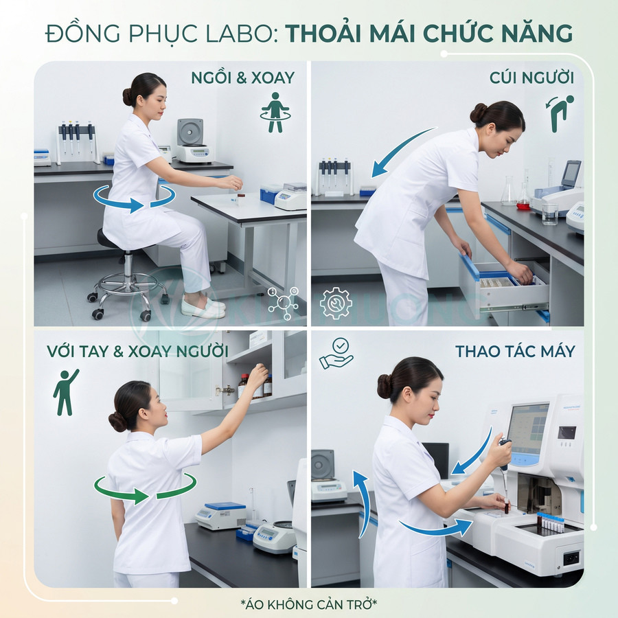 Đồng phục labo màu trắng cho nữ kỹ thuật viên, thiết kế thoải mái khi ngồi xoay, cúi người, với tay và thao tác máy