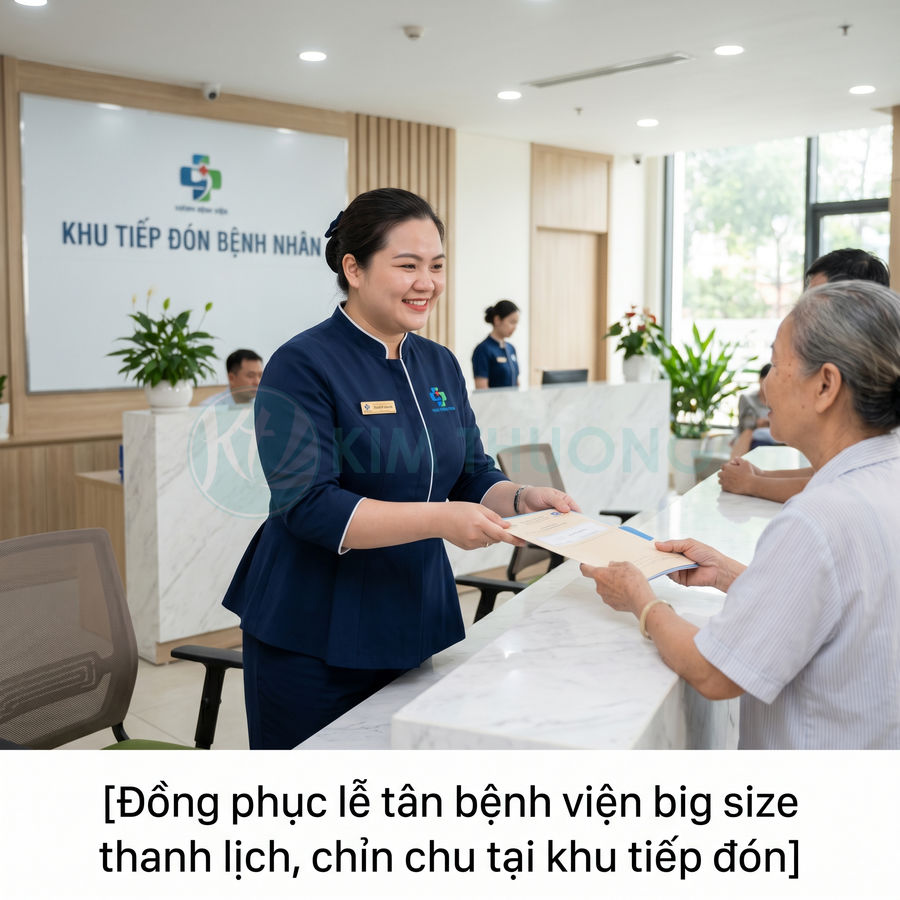 Đồng phục lễ tân bệnh viện nữ màu xanh đậm big size thanh lịch tại quầy tiếp đón bệnh nhân