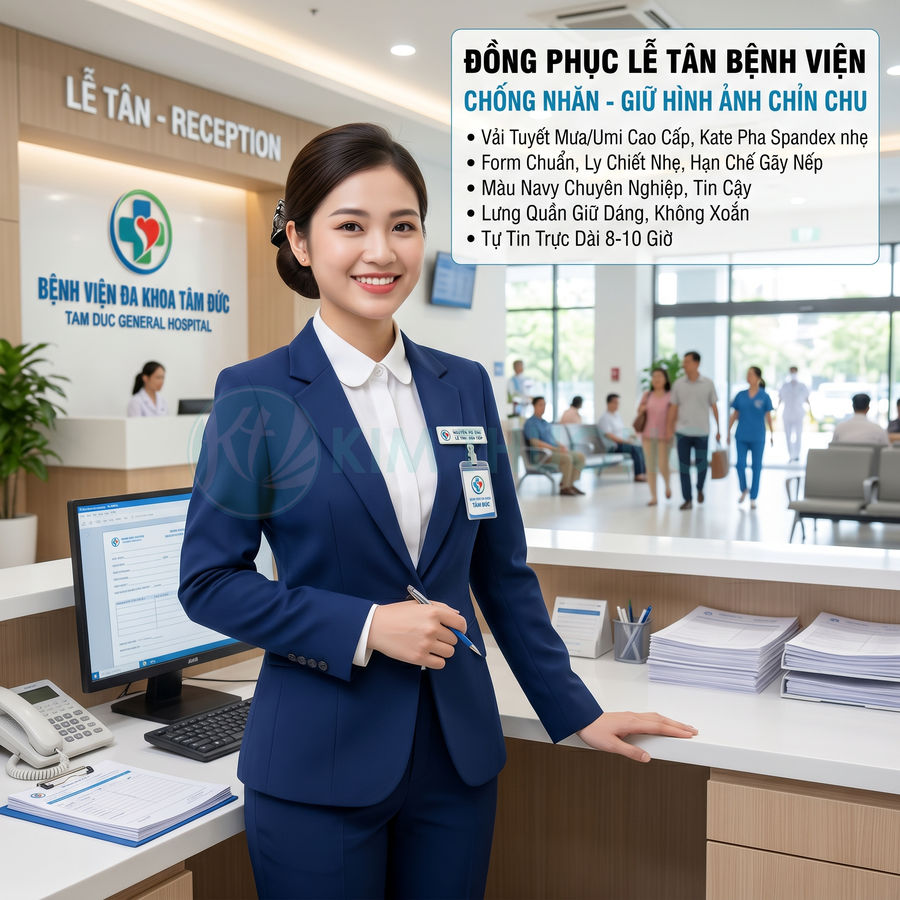 Nhân viên lễ tân bệnh viện mặc đồng phục vest xanh navy chuyên nghiệp đứng tại quầy tiếp đón