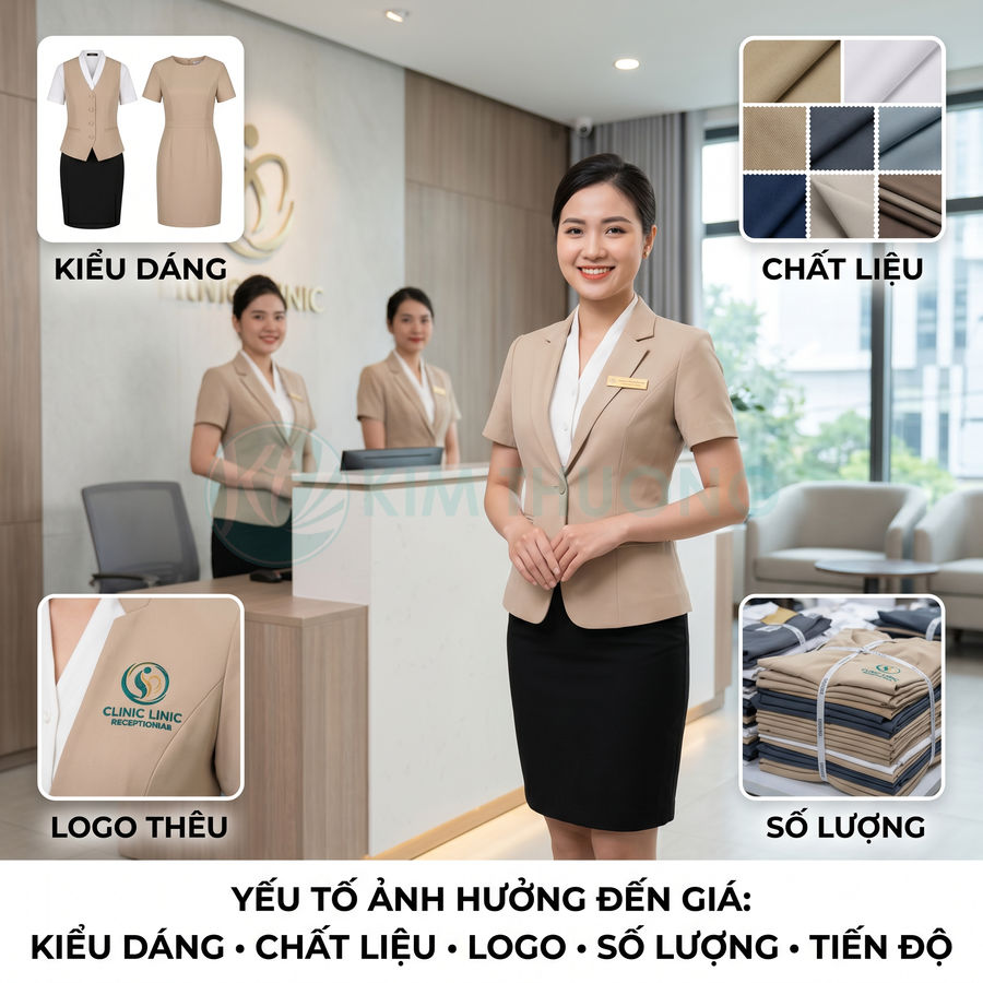 Đồng phục lễ tân nữ màu be chân váy đen tại sảnh clinic, giới thiệu kiểu dáng, chất liệu và logo thêu