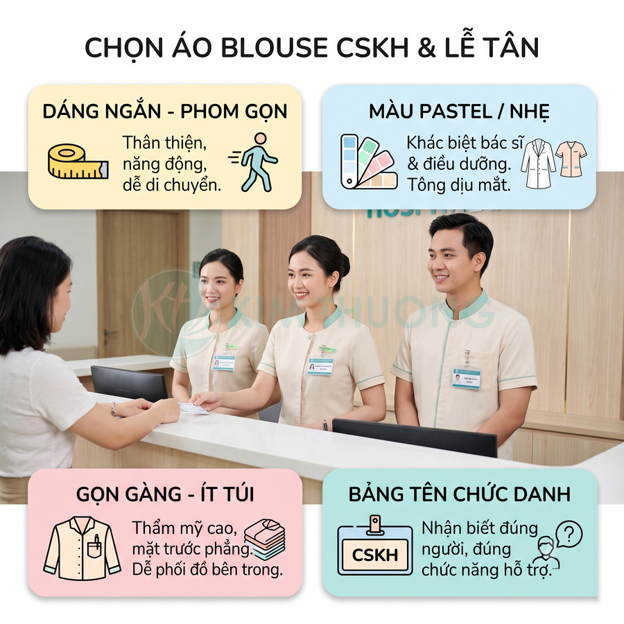 Nhân viên lễ tân mặc áo blouse ngắn màu pastel gọn gàng, đeo bảng tên CSKH đứng tư vấn khách hàng