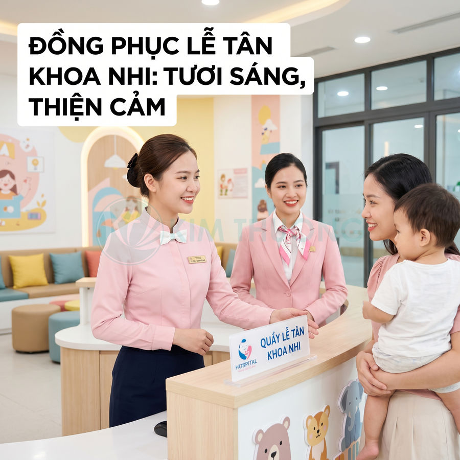 Đồng phục lễ tân khoa nhi màu hồng pastel thân thiện tại quầy tiếp đón bệnh viện