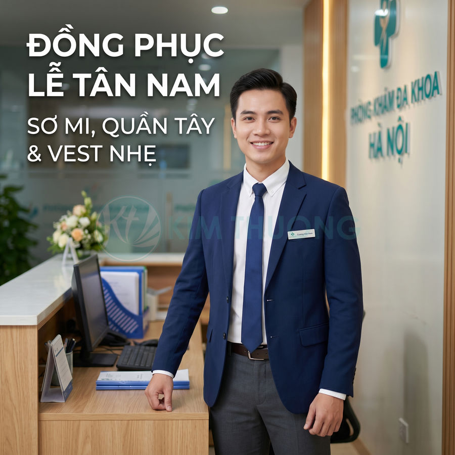 Đồng phục lễ tân nam với áo sơ mi trắng quần tây xám và vest xanh navy tại quầy lễ tân phòng khám