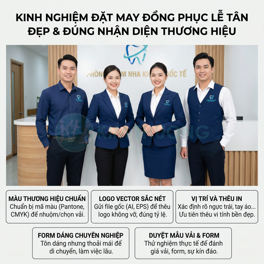 Đồng phục lễ tân phòng khám nha khoa màu xanh navy trắng với logo răng, thiết kế vest công sở chuyên nghiệp