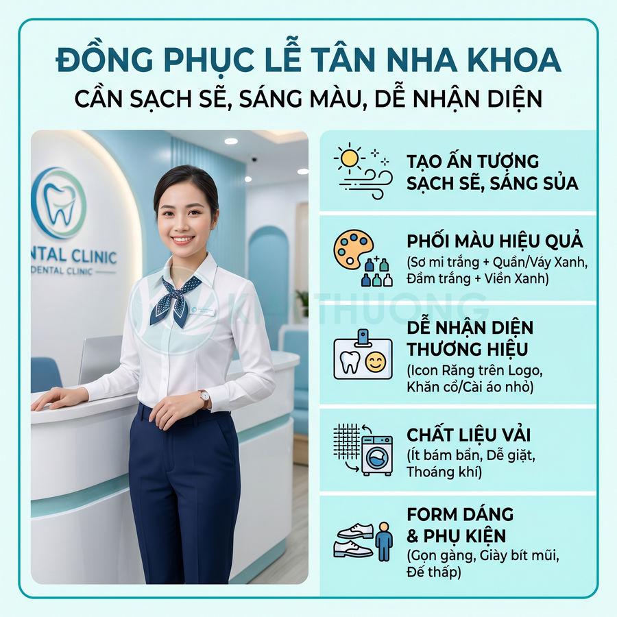 Đồng phục lễ tân nha khoa với áo sơ mi trắng, quần xanh navy và khăn cổ chấm bi xanh navy