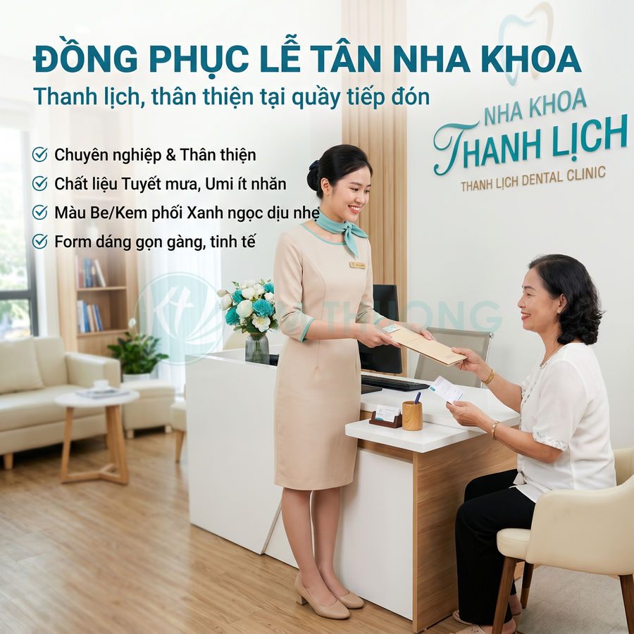 Đồng phục lễ tân nha khoa màu be phối xanh ngọc, nhân viên tiếp đón khách tại quầy hiện đại