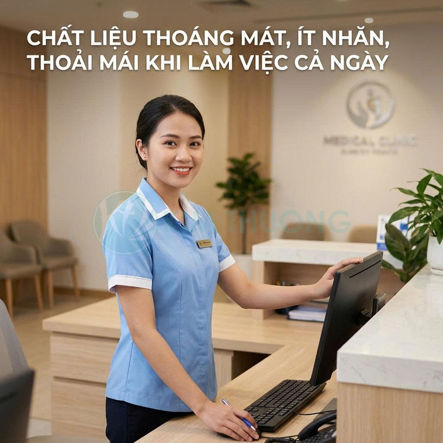 Đồng phục lễ tân y tế nữ màu xanh cổ trắng, chất liệu thoáng mát, ít nhăn, phù hợp làm việc cả ngày