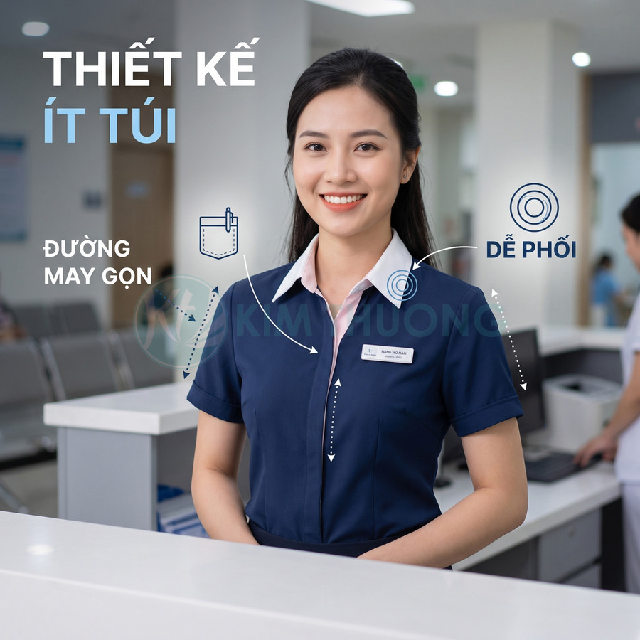 Đồng phục lễ tân nữ màu xanh cổ trắng ít túi, đường may gọn, thiết kế đơn giản trong môi trường văn phòng