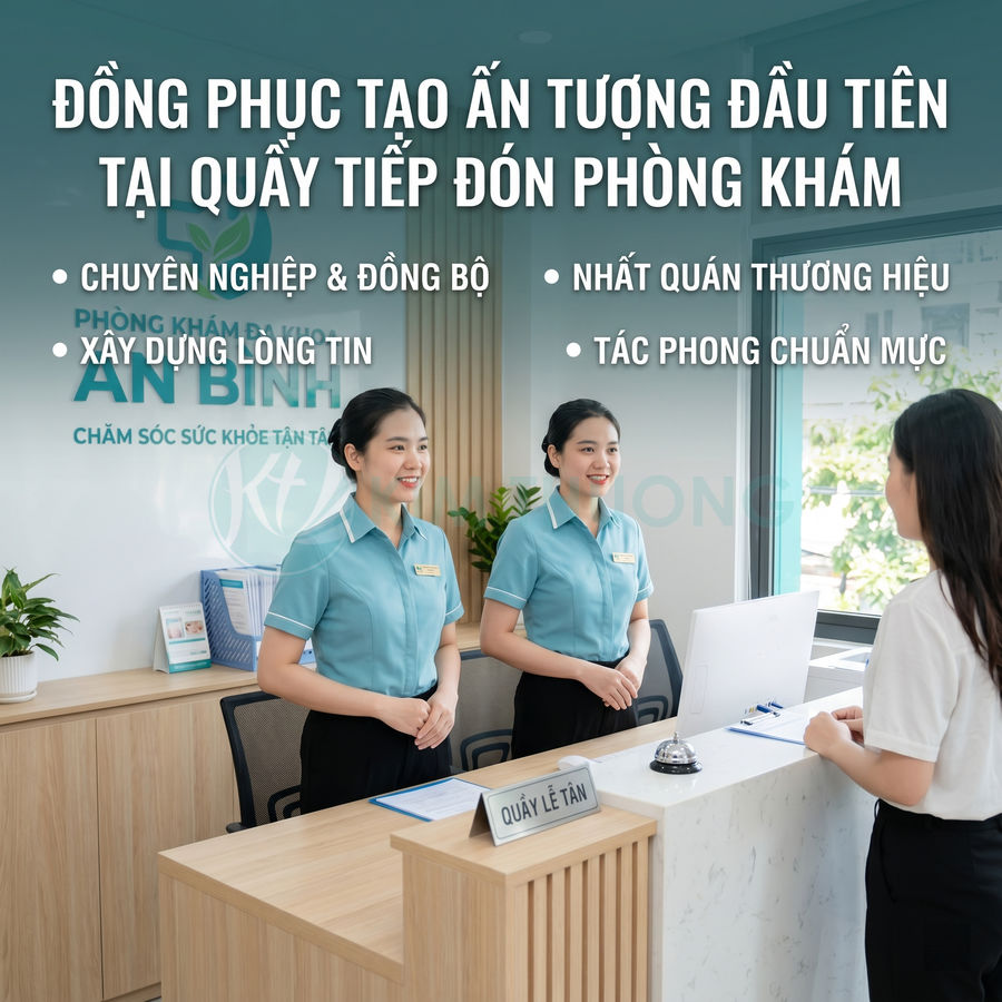 Đồng phục nhân viên lễ tân phòng khám đa khoa An Bình màu xanh tại quầy tiếp đón khách hàng