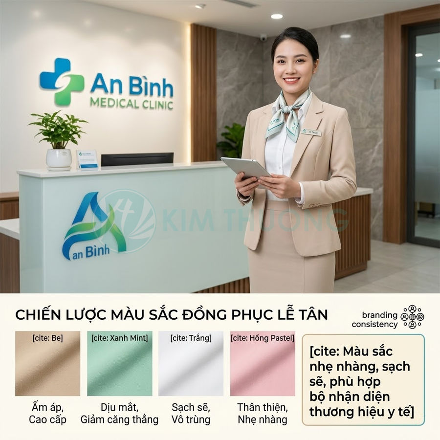 Đồng phục lễ tân màu be xanh mint tại quầy tiếp đón phòng khám An Bình Medical Clinic hiện đại sạch sẽ