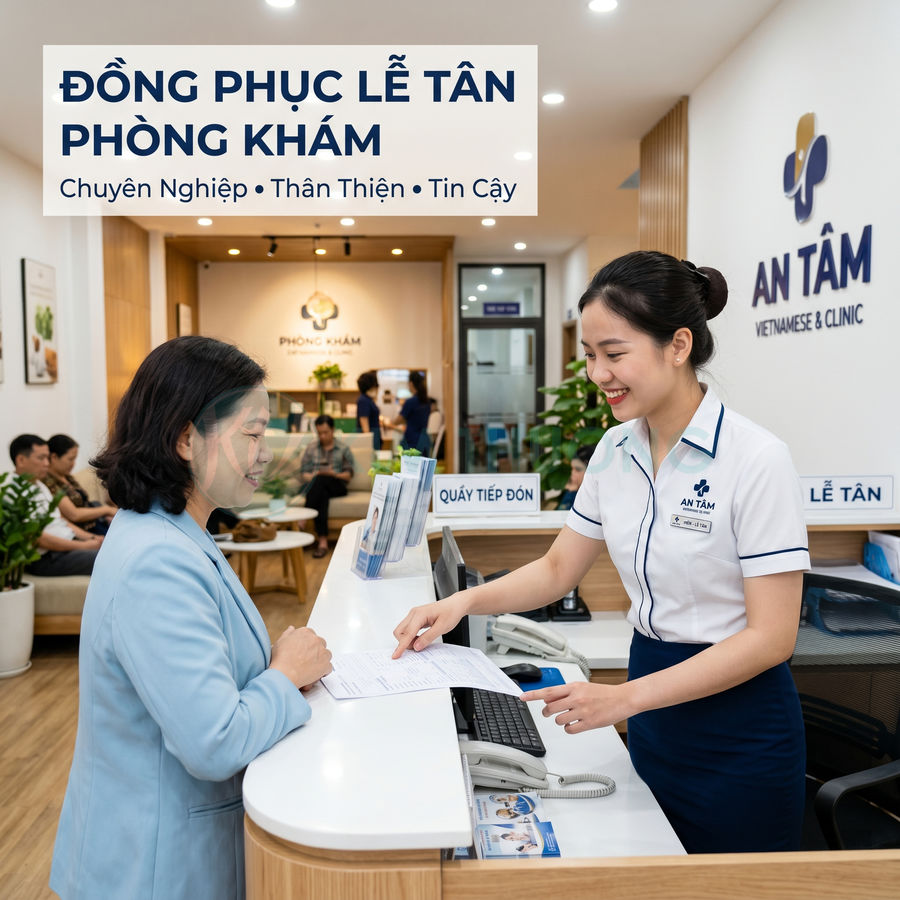 Đồng phục lễ tân phòng khám An Tâm màu trắng xanh, nhân viên tư vấn cho khách tại quầy tiếp đón