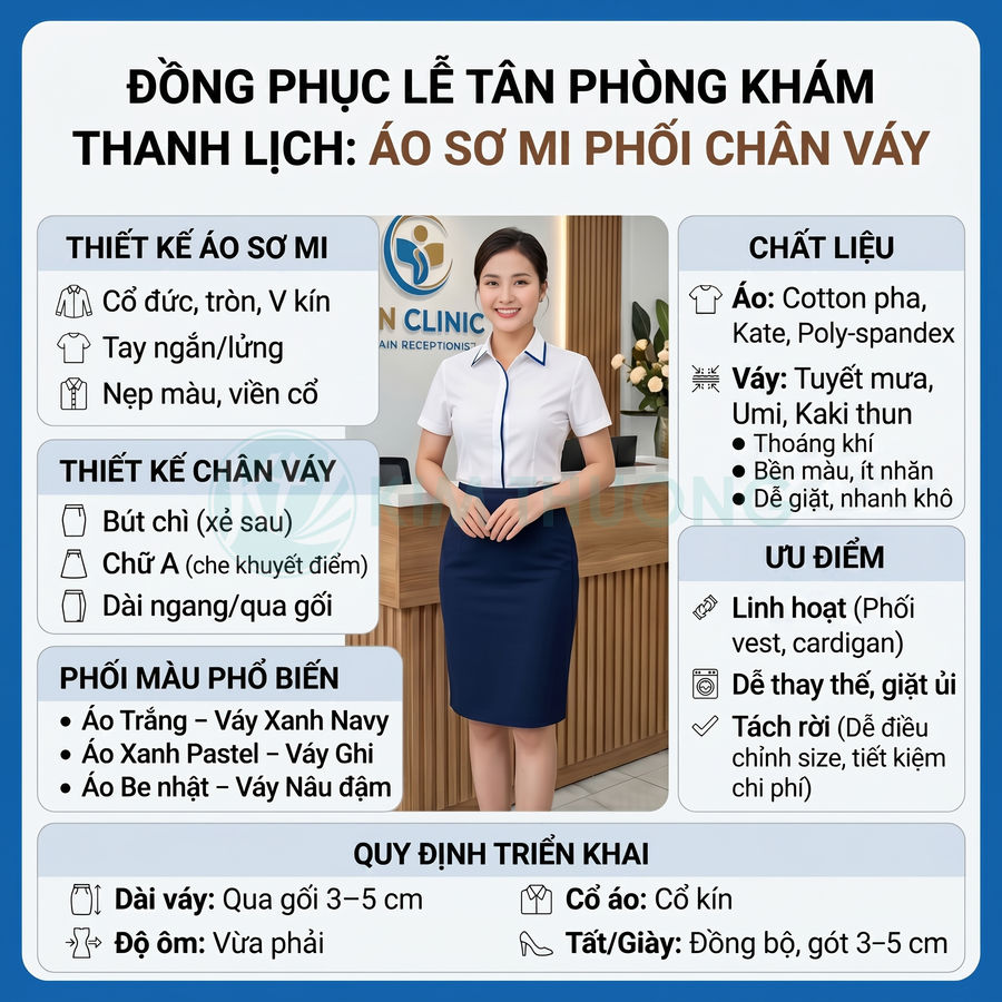 Đồng phục lễ tân phòng khám với áo sơ mi trắng phối viền xanh và chân váy bút chì xanh navy thanh lịch
