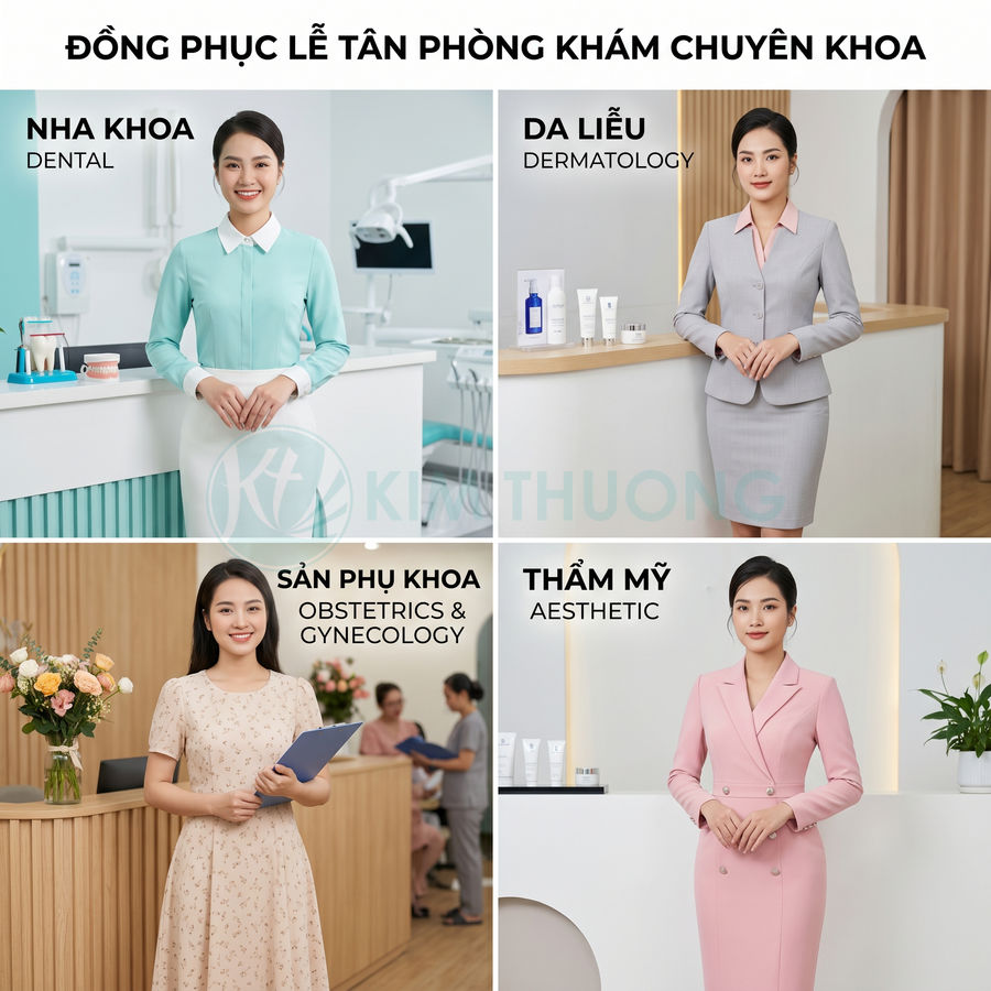Đồng phục lễ tân phòng khám chuyên khoa nha khoa da liễu sản phụ khoa thẩm mỹ cho nữ nhân viên