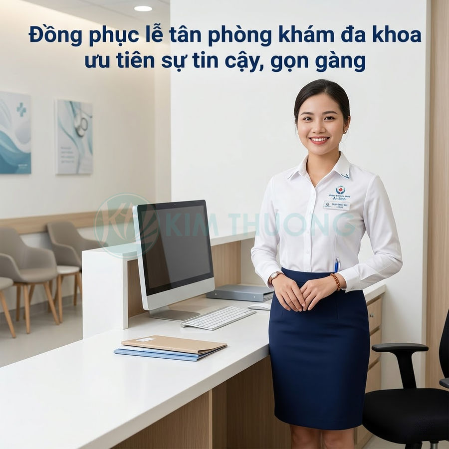 Đồng phục lễ tân phòng khám đa khoa với áo sơ mi trắng và chân váy xanh navy gọn gàng chuyên nghiệp