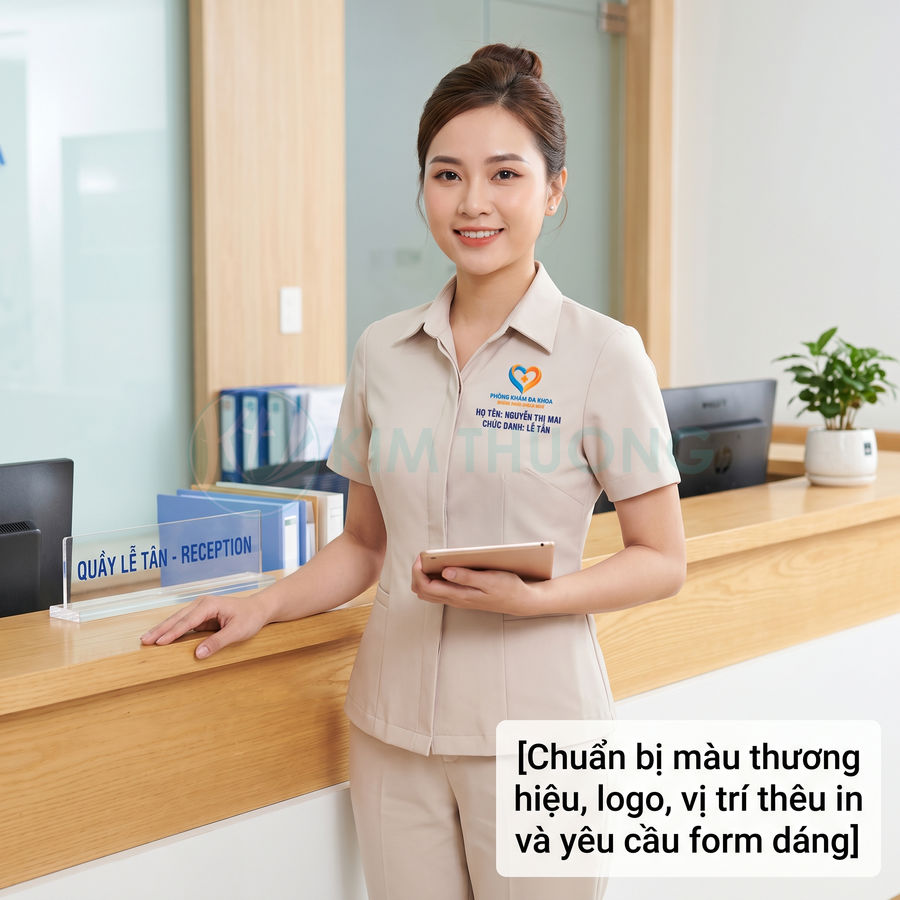 Đồng phục lễ tân phòng khám màu be tay ngắn có thêu logo và tên nhân viên tại quầy tiếp đón