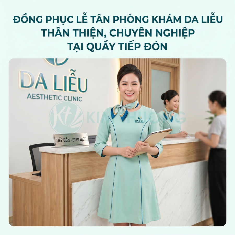 Đồng phục lễ tân phòng khám da liễu màu xanh pastel tại quầy tiếp đón chuyên nghiệp