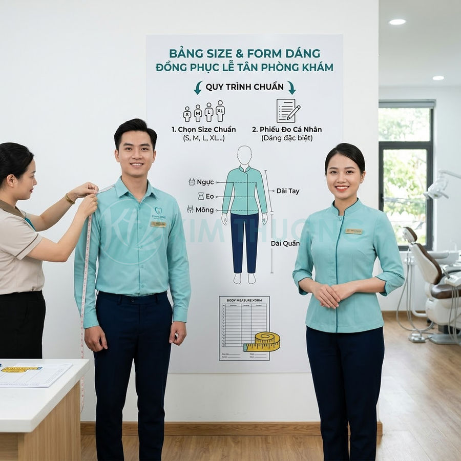 Nhân viên phòng khám mặc đồng phục lễ tân màu xanh ngọc đang được đo size form dáng