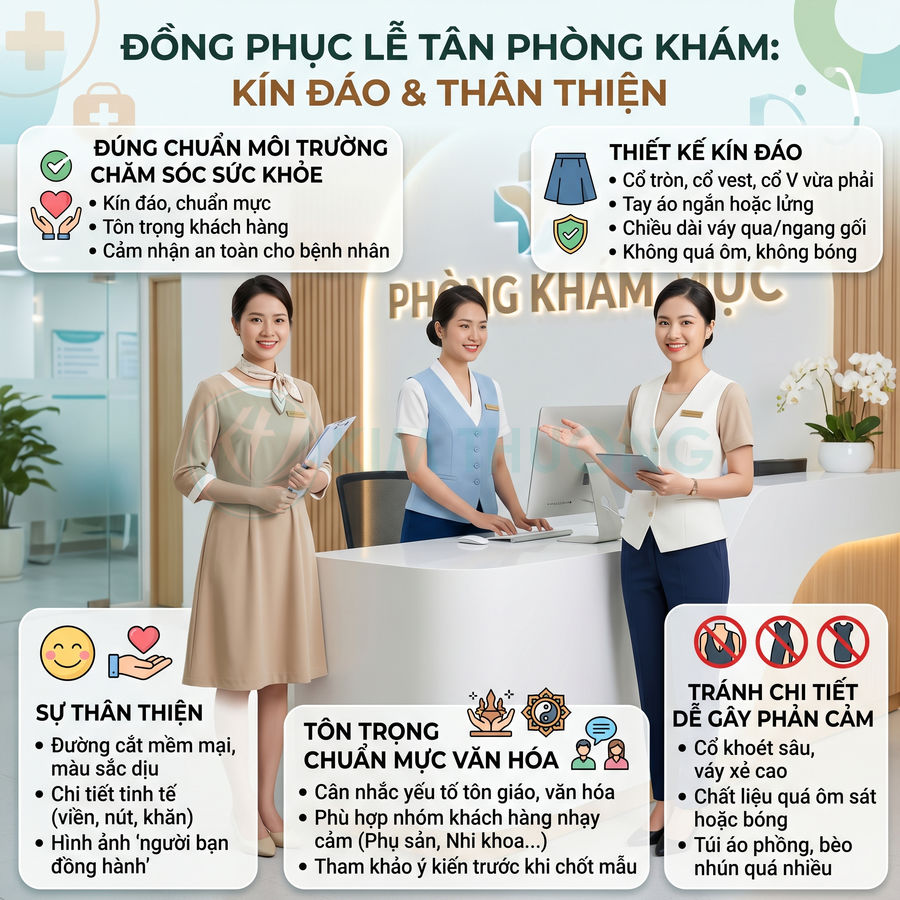 Đồng phục lễ tân phòng khám kín đáo thân thiện với váy áo công sở màu pastel, tạo cảm giác chuyên nghiệp an toàn
