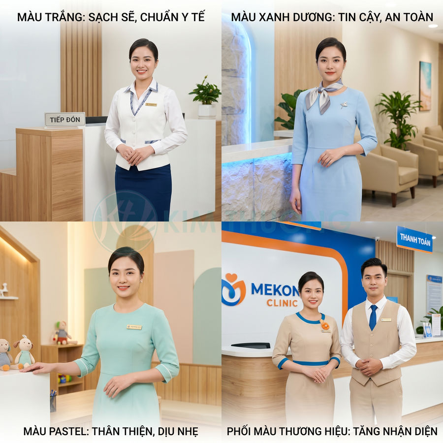 Nhân viên lễ tân phòng khám Mekong Clinic mặc đồng phục nhiều màu tại quầy tiếp đón và thanh toán