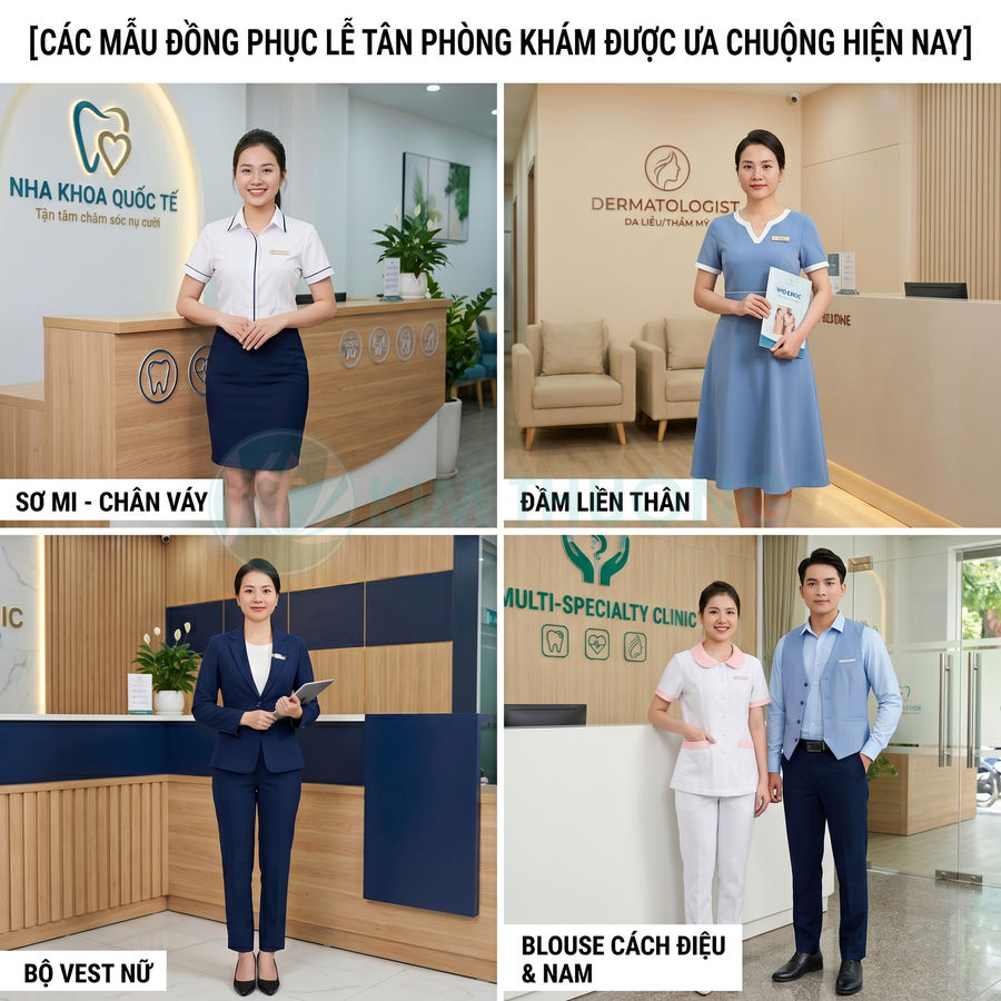 Các mẫu đồng phục lễ tân phòng khám hiện đại gồm sơ mi chân váy, đầm liền, vest nữ và blouse y tế