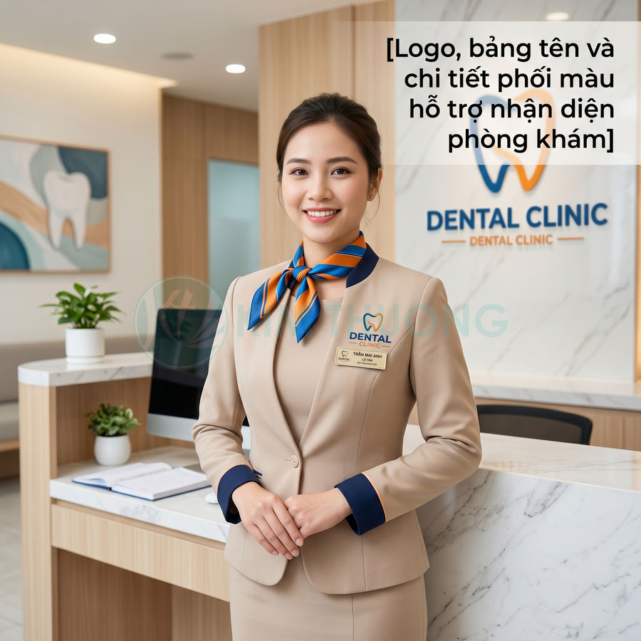 Lễ tân phòng khám nha khoa mặc đồng phục be xanh đứng tại quầy lễ tân với logo Dental Clinic phía sau