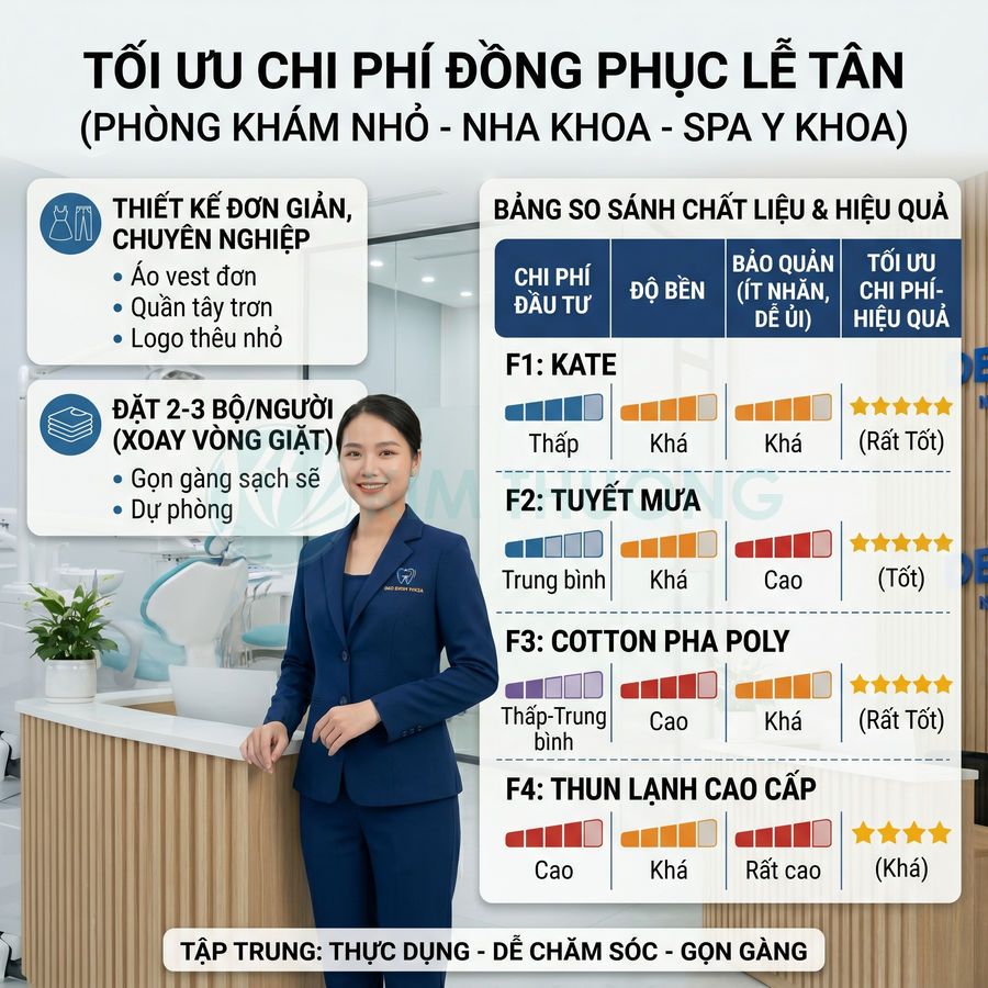 Đồng phục lễ tân phòng khám nha khoa màu xanh navy, áo vest quần tây trơn, logo thêu nhỏ chuyên nghiệp