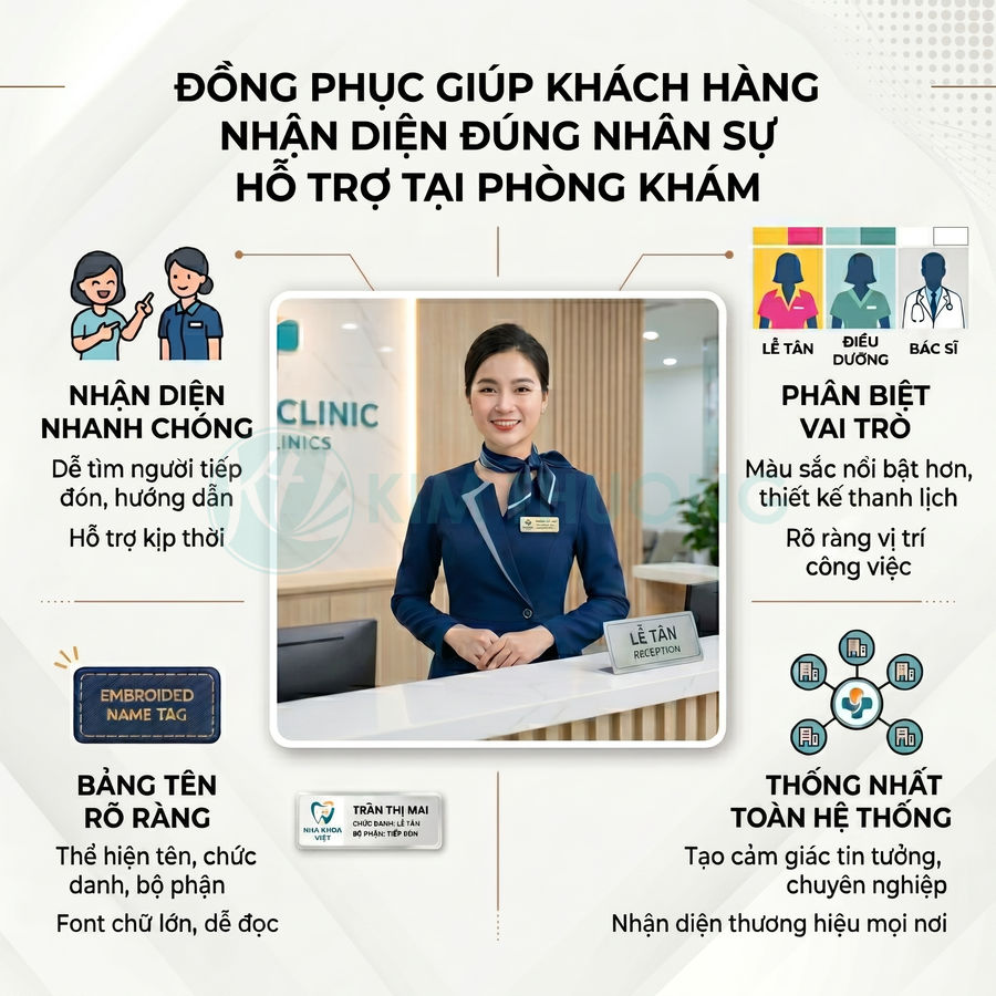 Nhân viên lễ tân phòng khám mặc đồng phục xanh thanh lịch với bảng tên rõ ràng đứng tại quầy tiếp đón