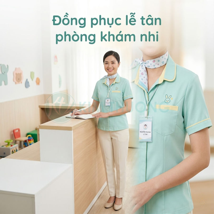 Đồng phục lễ tân phòng khám nhi màu xanh mint quần kem khăn cổ họa tiết dễ thương