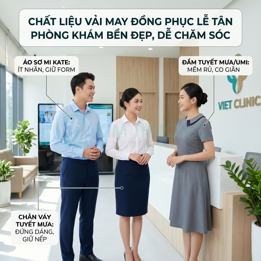 Đồng phục lễ tân phòng khám với áo sơ mi, chân váy và váy liền chất liệu bền đẹp, dễ chăm sóc