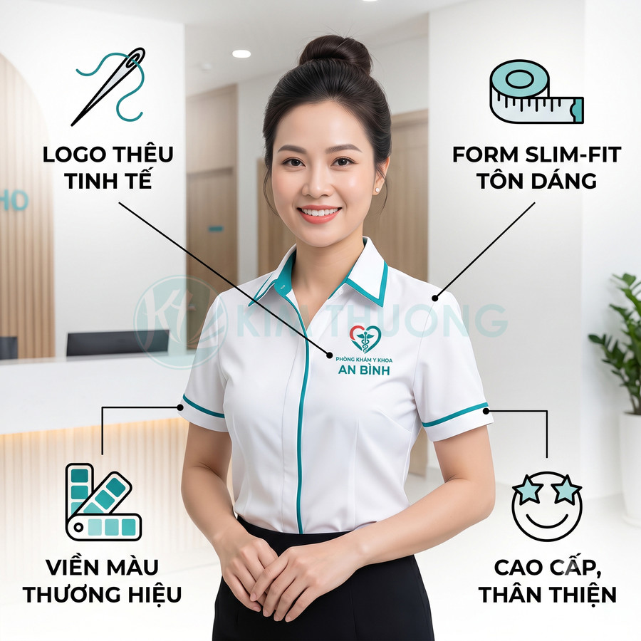 Đồng phục nhân viên phòng khám An Bình màu trắng viền xanh, logo thêu trên ngực, dáng slim fit lịch sự
