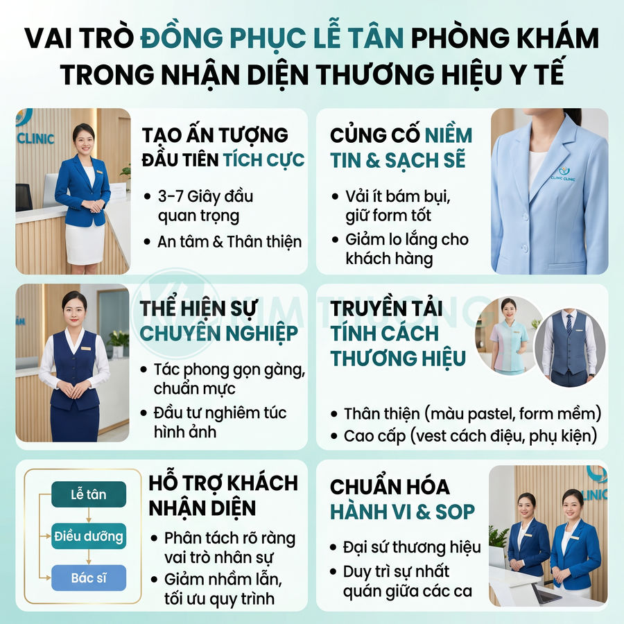 Đồng phục lễ tân phòng khám màu xanh trắng, thiết kế vest công sở hiện đại, tạo hình ảnh chuyên nghiệp và thân thiện