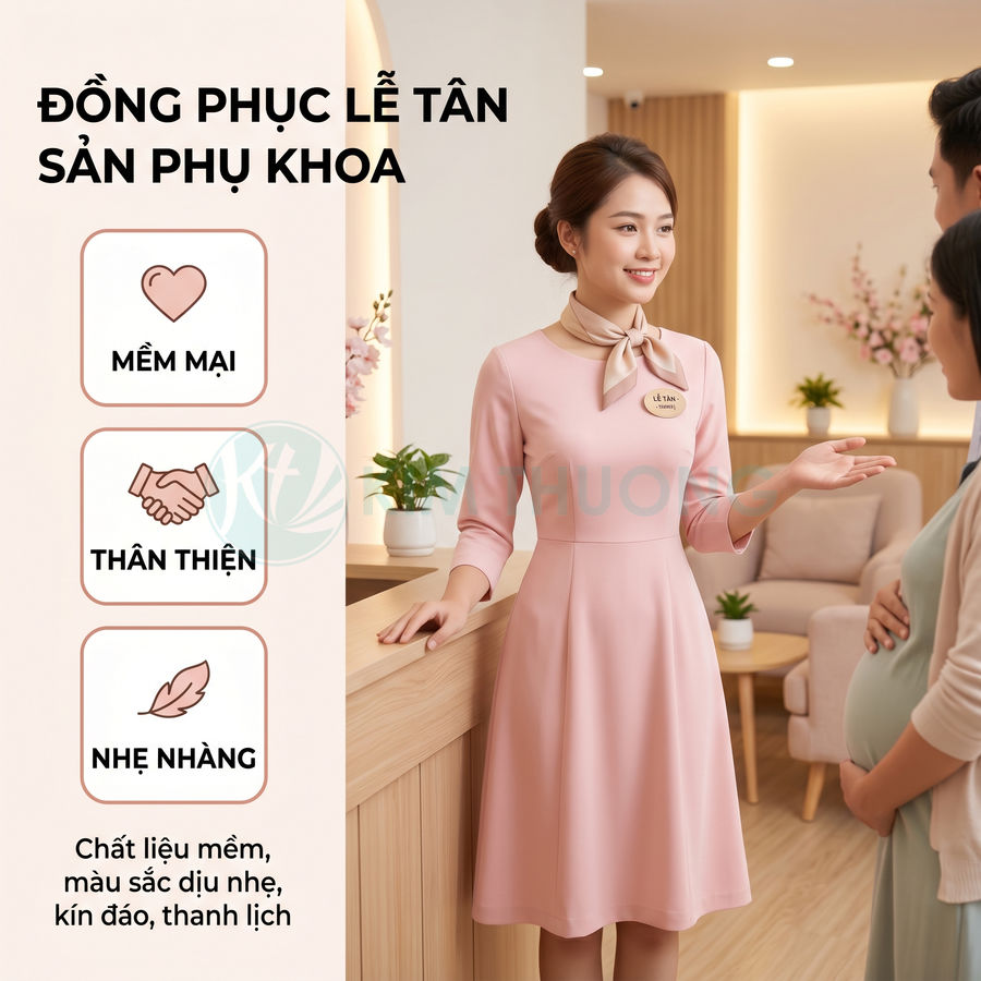 Đồng phục lễ tân sản phụ khoa màu hồng pastel, thiết kế kín đáo thanh lịch, chất liệu mềm mại nhẹ nhàng