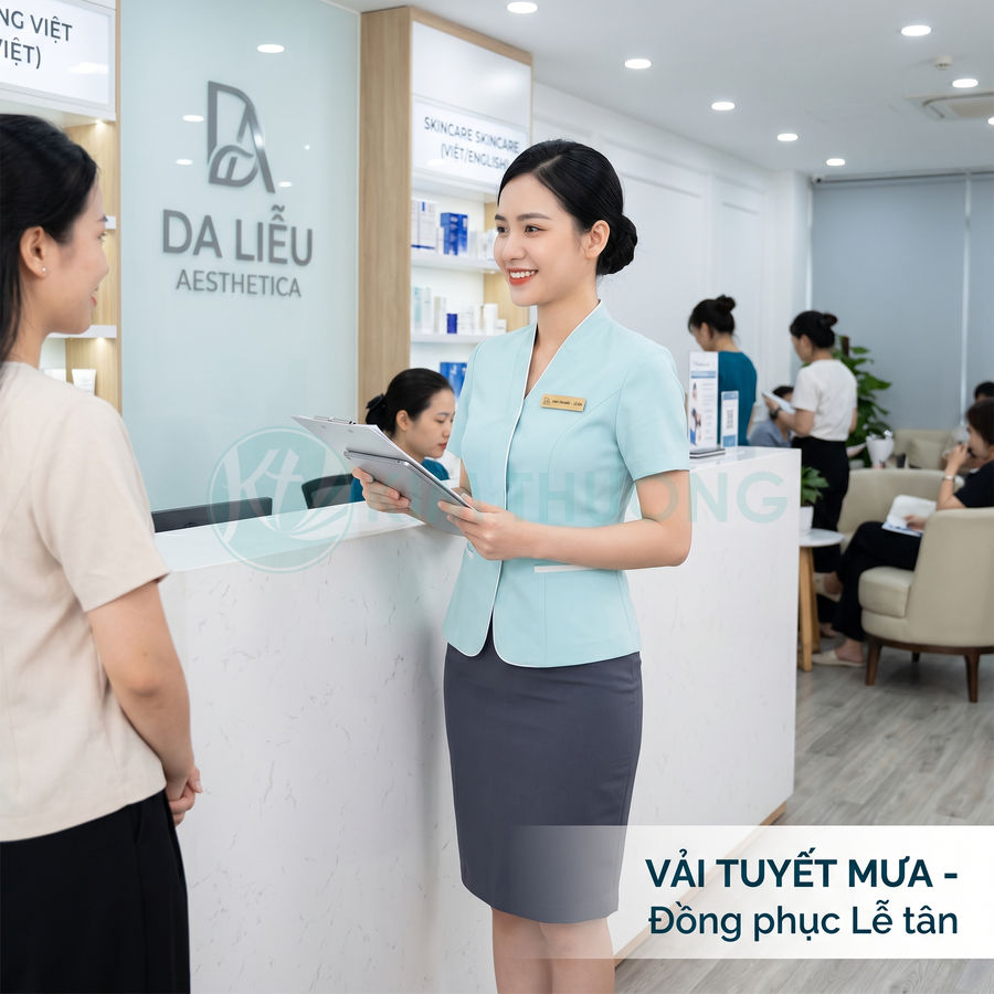 Đồng phục lễ tân vải tuyết mưa màu xanh pastel chân váy xám tại phòng khám da liễu