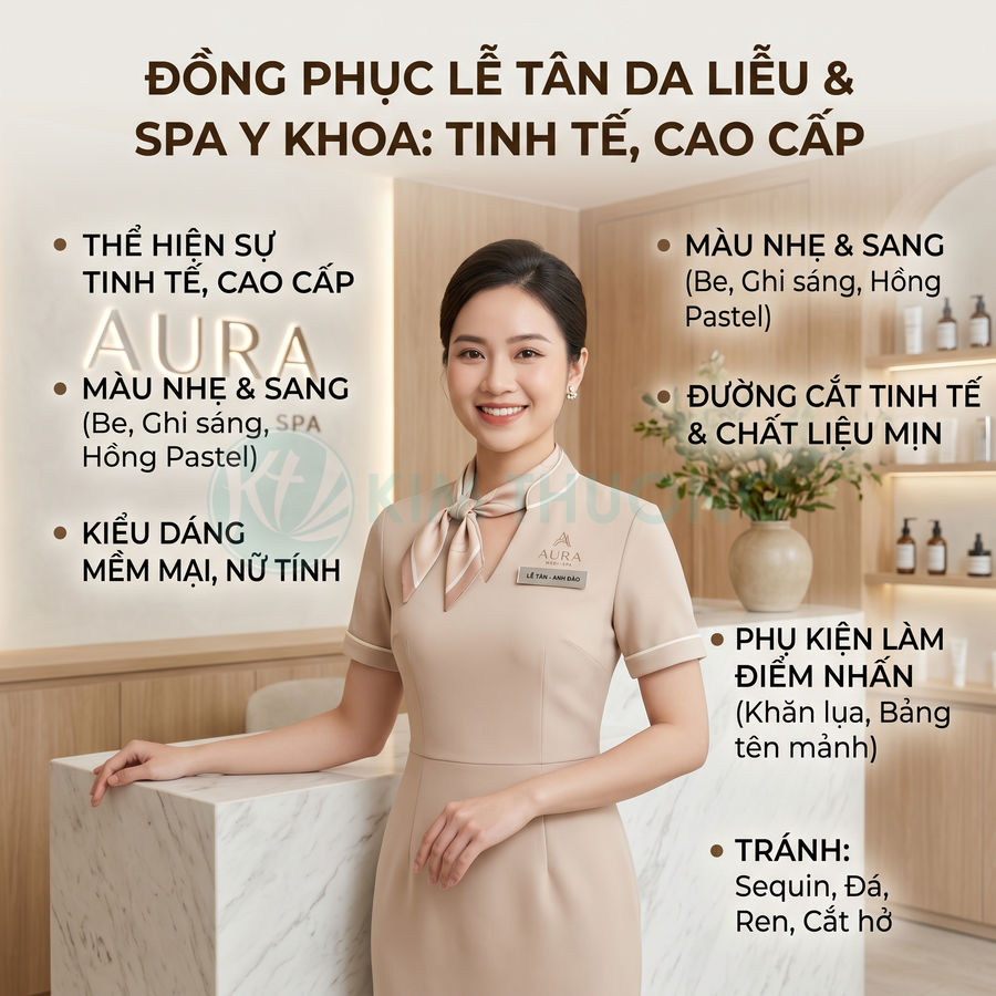 Đồng phục lễ tân spa Aura màu be cao cấp, thiết kế ôm dáng mềm mại kèm khăn lụa cổ sang trọng