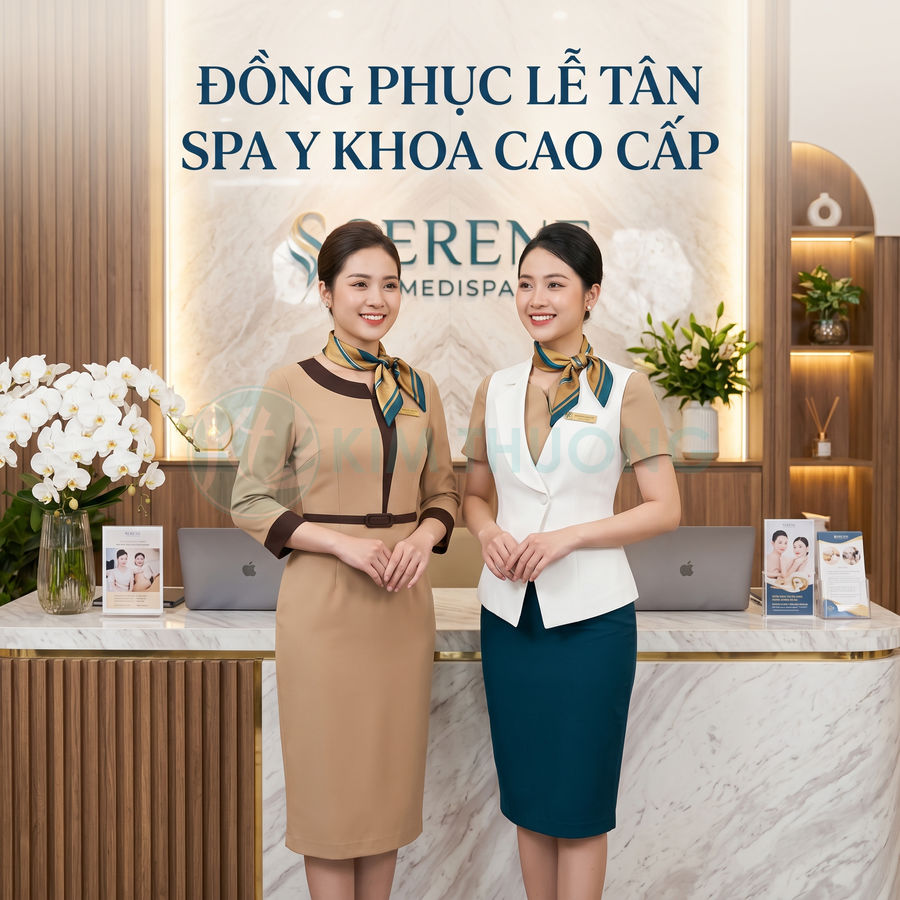 Đồng phục lễ tân spa y khoa cao cấp màu be xanh, thiết kế váy liền và chân váy vest sang trọng
