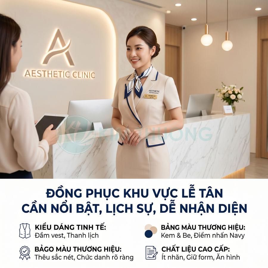 Đồng phục lễ tân spa màu kem viền xanh navy, thiết kế vest thanh lịch tại quầy tiếp tân hiện đại